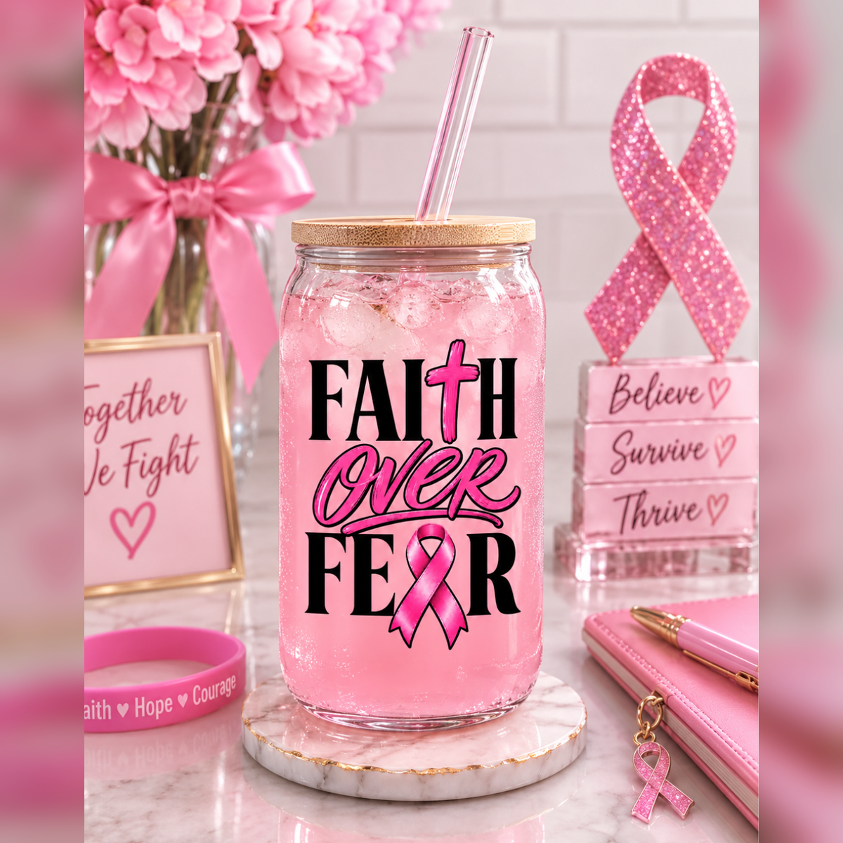 Faith Over Fear Breast Cancer Awareness Glass Tumbler